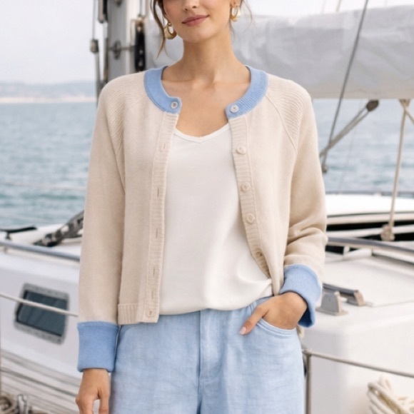 RD Style Sweaters - Contrast Collar Cotton Cardigan Sweater Cream Blue Size Small